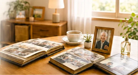 家族の写真アルバムと、日の差す実家の居間